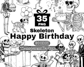 Birthday Clipart, Black and White Party Invitation, Skeleton Clipart, Party Decor, Transparent PNG, Digital Download