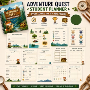 Może przedstawiać: Zestaw planera uczniowskiego Adventure Quest zawierający notatnik spiralny z ilustracją lisa, mapę przygód, odznaki za osiągnięcia oraz różne trackery do zadań domowych, czytania, nawyków, nastroju i czasu przed ekranem.