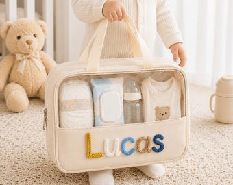 Bolsa de fraldas personalizada para bebê, organizador de nome feito à mão em crochê, ideal para viagens e para guardar itens do berçário.
