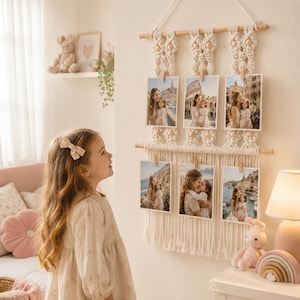 Porta-retratos em macramê, organizador de faixa de cabelo trançada, decoração boho para quarto infantil