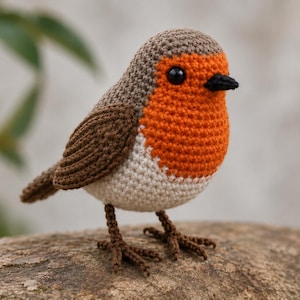May include: A handmade crochet bird with a brown head and wings, an orange breast, and a white belly. The bird has black eyes and a black beak. It is perched on a wooden surface. The bird's legs are brown.