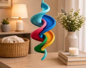 Puede incluir: Una decoración en espiral colgante hecha de tela trenzada en un degradado de arcoíris vibrante, con tonos de azul claro, azul oscuro, rosa, rojo, verde y amarillo. La estructura está suspendida de un cordón azul a juego.