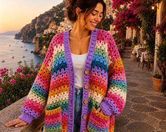 May include: A long-sleeved, open-front crochet cardigan featuring a vibrant, multi-colored striped pattern in shades of pink, orange, yellow, green, and blue. The garment includes a solid lavender trim, two front pockets, and five wooden buttons.