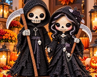 May include: Two crocheted dolls dressed in black hooded robes, each holding a scythe with a brown handle. The dolls feature white skull faces with large black eyes, and the female doll is adorned with black roses and small skull charms.