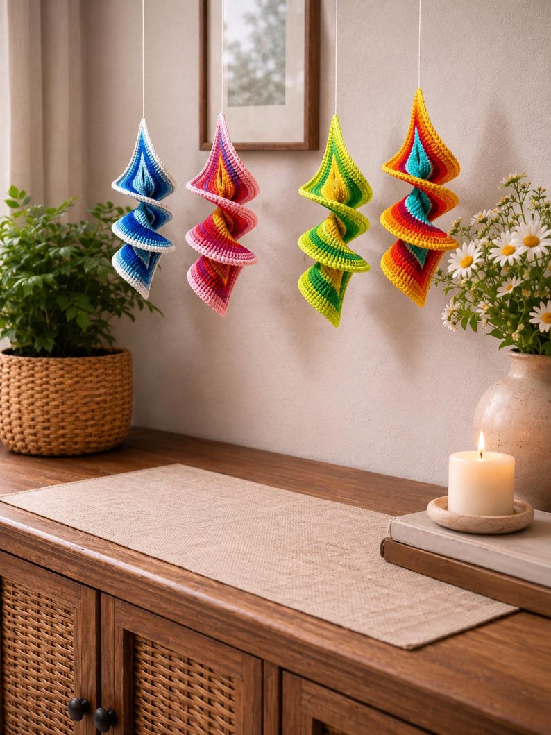 Puede incluir: Cuatro adornos colgantes en espiral hechos de hilo de ganchillo. El primero es azul y blanco, el segundo rosa y naranja, el tercero verde lima y amarillo, y el cuarto presenta un degradado de arco&iacute;ris vibrante en rojo, naranja, amarillo y azul.