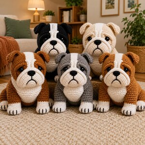 Può includere: Cinque peluche a forma di bulldog realizzati all'uncinetto in vari colori, tra cui nero, beige, grigio e marrone. Ogni animale di pezza presenta petto bianco, muso bianco, naso nero e occhi scuri, disposti in gruppo su una superficie beige.