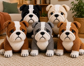May include: A collection of five handmade crochet bulldog plush toys in various colors including black, white, tan, brown, and gray. Each stuffed animal features a white chest, a white muzzle, black button eyes, and a stitched black nose.