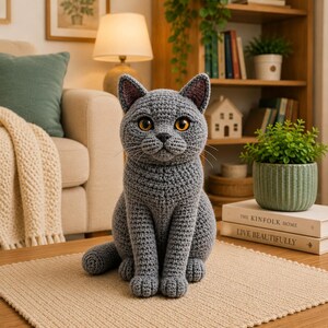 以下が含まれることがあります： 琥珀色の目、小さな黒い鼻、白いひげを持つ灰色の編みぐるみの猫のフィギュア。猫は質感のあるベージュのマットの上に直立して座っています。糸の質感が体全体に見え、詳細なステッチと丸みを帯びた形状が表現されています。