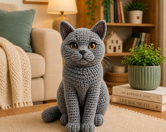 May include: A gray crocheted cat figurine with amber eyes, a small black nose, and white whiskers. The cat is sitting upright on a textured beige mat, featuring detailed yarn stitching throughout its body and pointed ears.