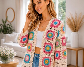 May include: A crochet cardigan featuring a pattern of square motifs in cream, pink, blue, and yellow. The open-front garment has long sleeves, a scalloped edge, and is worn over a white top and blue denim jeans.