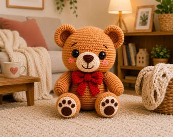 May include: A crocheted teddy bear with light brown yarn, a cream-colored muzzle, and a bright red bow tie. The bear features large black safety eyes, a dark brown stitched nose, and pink blush accents on the cheeks. The paws have dark brown pads.