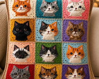 May include: A square crochet pillow featuring a grid of twelve colorful squares, each displaying a detailed, raised cat face in various colors including orange, gray, white, black, calico, and brown, finished with a tan crocheted border.