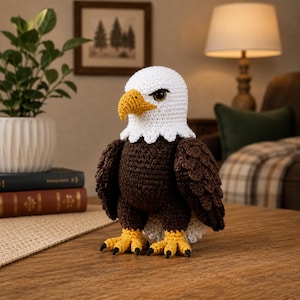 May include: A handcrafted crochet bald eagle figurine. The eagle has a white head, a yellow beak, and brown body with white accents. The eagle's talons are yellow with black claws. The figurine is displayed on a wooden surface.