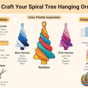 Puede incluir: Una infograf&iacute;a instructiva titulada How to Craft Your Spiral Tree Hanging Ornament. Muestra tres adornos de &aacute;rbol en espiral en tonos azul, arco&iacute;ris y rosa, con secciones para la preparaci&oacute;n, paletas de colores y pasos de ensamblaje.