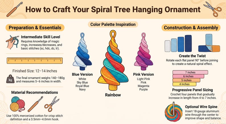 Puede incluir: Una infograf&iacute;a instructiva titulada How to Craft Your Spiral Tree Hanging Ornament. Muestra tres adornos de &aacute;rbol en espiral en tonos azul, arco&iacute;ris y rosa, con secciones para la preparaci&oacute;n, paletas de colores y pasos de ensamblaje.