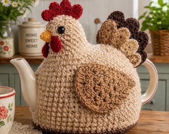 May include: A beige crochet tea cozy shaped like a chicken, featuring a bright red comb and wattle, a yellow beak, black bead eyes, and a dark brown tail. The cozy covers a white ceramic teapot with a handle and spout visible on the sides.