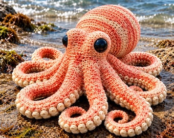 May include: A crocheted octopus plush toy featuring a gradient of coral and cream yarn. The creature has a rounded head, eight curled tentacles with visible cream-colored suction cups, and two large, smooth, black plastic safety eyes.