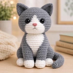 May include: A handmade crochet cat doll in gray and white. The cat has large black eyes, a pink nose, and white paws. The cat is sitting upright with its tail curled to the side. The cat is a soft, plush toy.