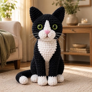 Könnte beinhalten: Eine handgefertigte, schwarz-weiße Häkelkatze mit grünen Augen und einer rosa Nase. Die Katze sitzt aufrecht, mit dem Schwanz zur Seite gerollt. Der Körper der Katze ist schwarz, mit weißen Markierungen auf Brust, Pfoten und Schwanz.
