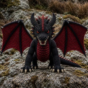 Puede incluir: Figura de dragón de ganchillo en negro y rojo, posando sobre una roca. El dragón tiene grandes alas, cuernos y una larga cola. El pecho del dragón y el interior de sus alas son rojos. Los ojos del dragón son rojos y sus garras beiges.