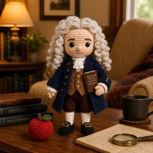 Op de afbeelding: Een gehaakte pop van Isaac Newton, gekleed in een blauwe jas, bruin vest en korte broek, met een boek getiteld "Philosophiæ Naturalis Principia Mathematica". Een gehaakte rode appel staat in de buurt. De pop heeft een witte pruik en zwarte schoenen.