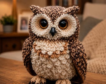 May include: A crocheted owl figurine featuring a textured brown and cream yarn body, large glossy black eyes with amber-colored irises, a small black beak, and detailed feathered wing patterns crafted with intricate yarn loops.