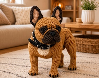 May include: A crocheted French Bulldog figurine in tan yarn with a dark brown muzzle and ear tips. The stuffed animal features a black collar with silver-toned metal studs and a buckle, and a small white patch of yarn on its chest area.