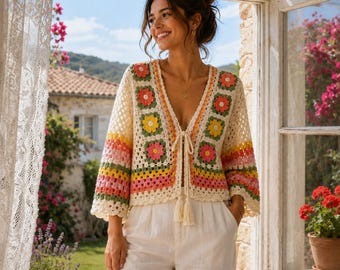 May include: A cream-colored crochet cardigan featuring a V-neckline with a tie closure and tassel ends. The garment is decorated with colorful floral motifs in pink, yellow, and green, with horizontal striped patterns in pink, yellow, and green on the sleeves.