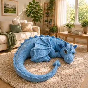Op de afbeelding: Een grote, lichtblauwe gehaakte drakenknuffel met gedetailleerde vleugels, een lange staart en grote, expressieve ogen. De draak ligt op een beige tapijt in een woonkamer, wat duidt op een decoratief of kinderartikel.