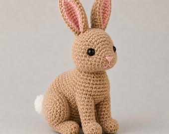 May include: A small, light brown crocheted rabbit toy with long ears featuring pink inner detailing. The rabbit has black plastic eyes, a stitched pink nose, and a small white pom-pom tail. The yarn texture is visible throughout the body.