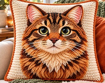 May include: A square crochet throw pillow featuring a detailed, textured portrait of a brown tabby cat with large green eyes, a pink nose, and long white whiskers, framed by a cream-colored background and a burnt orange border.