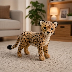 Könnte beinhalten: Ein handgefertigtes Häkel-Gepard-Stofftier mit beigefarbenem Körper und dunkelbraunen Flecken, einem langen Schwanz mit schwarzer Spitze und schwarzen Tränenspuren unter den Augen. Das Stofftier steht auf vier Beinen und hat eine strukturierte Oberfläche.