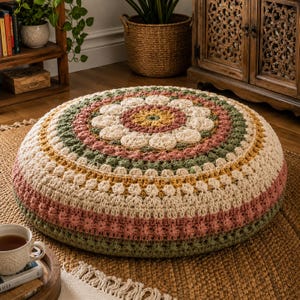 Puede incluir: Un puf de suelo redondo y tejido a ganchillo en una variedad de colores, incluyendo crema, rosa, verde y amarillo. El puf tiene un patrón floral en el centro y mide aproximadamente 50 cm de diámetro. Está colocado sobre una alfombra tejida.