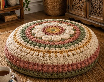 May include: A round, floor-based crochet cushion featuring a central floral motif in mustard yellow, surrounded by concentric rings of cream, dusty rose, and sage green yarn. The textured, circular pouf has a thick, hand-stitched appearance.