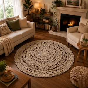 Peut inclure: Un tapis rond en crochet beige avec un motif circulaire détaillé. Le tapis est posé sur un parquet dans un salon, entouré de meubles et de plantes. Le diamètre du tapis est d'environ 152 cm.