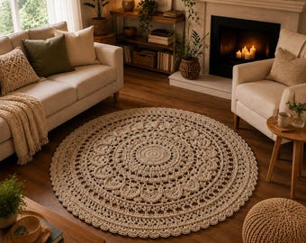 May include: A large, circular, beige crochet rug featuring an intricate, repeating mandala-inspired pattern with concentric rings of openwork stitches, scalloped edges, and a dense, textured center, laid flat on a wooden floor.