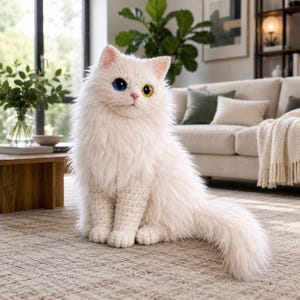 Puede incluir: Un gato blanco y esponjoso con ojos azules y amarillos está sentado sobre una alfombra estampada. El gato tiene pelo largo y suave y orejas rosas. El gato tiene una cola larga y esponjosa. El gato está en un salón.