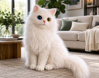 May include: A white crocheted cat figurine with long, shaggy yarn fur, a pink nose, and two distinct eyes, one bright blue and one golden yellow. The cat is seated in an upright position with its long, fluffy tail extended to the side.