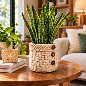 Peut inclure: Une plante serpent aux longues feuilles vertes pointues bordées de jaune, placée dans un panier beige tricoté à la main avec un motif tressé texturé. Le panier présente un bord supérieur replié et trois boutons en bois brun foncé.