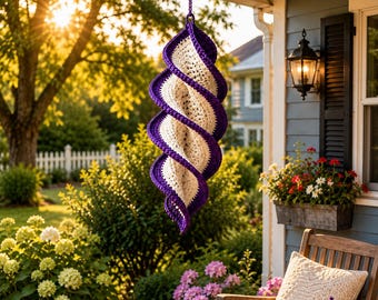 Puede incluir: Una decoración en espiral colgante hecha de hilo de ganchillo, con bandas alternas de color morado oscuro y blanco roto. La estructura está suspendida por un cordón trenzado morado a juego, creando una forma tridimensional retorcida.