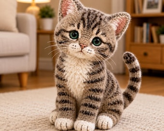 May include: A crocheted tabby kitten figurine with brown and gray striped fur, a white chest and paws, large green eyes, and pink inner ears. The yarn-based cat sits in an upright position with its tail curled upward, featuring detailed stitching.