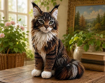 May include: A handcrafted crochet Maine Coon cat figurine featuring a brown, black, and white tabby coat with long, tufted ears, a fluffy chest, and white paws, sitting in a realistic pose with detailed yarn texture and green eyes.