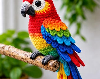 May include: A handcrafted crochet parrot featuring a vibrant spectrum of red, orange, yellow, green, and blue yarn. The bird has a white eye patch, a dark gray beak, and dark gray feet, perched on a textured wooden branch with a long tail.