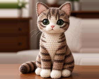 May include: A crocheted tabby cat figurine featuring brown and dark brown stripes, a white chest and paws, large green eyes, a small pink nose, and white whiskers. The cat is sitting in an upright position with its tail curled to the side.