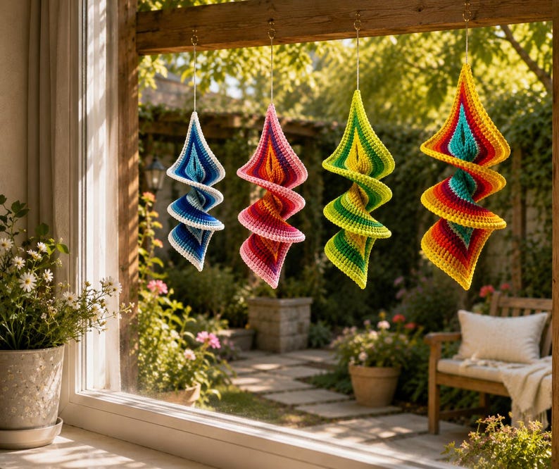 Puede incluir: Cuatro adornos en espiral de ganchillo colgantes en distintas paletas de colores: azul y blanco, rosa y rojo, verde y amarillo, y un patr&oacute;n de arco&iacute;ris multicolor. Cada pieza presenta un dise&ntilde;o geom&eacute;trico retorcido y suspendido.
