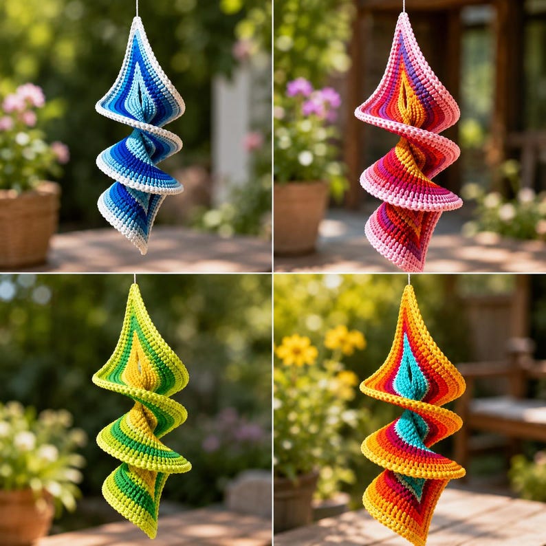 Puede incluir: Cuatro adornos colgantes de ganchillo en forma de espiral con distintas paletas de colores: uno en tonos azules y blancos, otro en rosa, naranja y morado, otro en amarillo y verde, y uno en colores arco&iacute;ris de rojo, naranja, amarillo y azul.