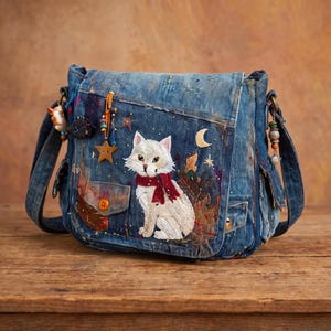 May include: A blue denim messenger bag featuring an embroidered white cat wearing a red scarf. The bag is decorated with embroidered stars, a crescent moon, autumn leaves, and hanging beaded charms on the side straps and front pocket flap.