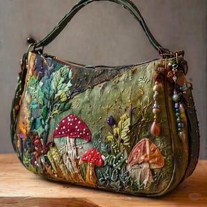 May include: A green fabric handbag featuring intricate embroidery of red and brown mushrooms, foliage, and plants. The bag includes a top handle, a zipper closure, and decorative beaded charms hanging from the side, with detailed stitching throughout.