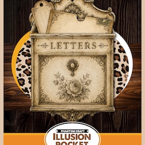 May include: A beige wall-mounted letter holder with an ornate top and bottom, featuring the word LETTERS, a central keyhole, and a floral rose illustration. Inside the pocket are two paper tags. Below is a label reading PHANTOM CRAFT ILLUSION POCKET PRINTABLE.