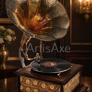 Puede incluir: Un gramófono con una gran bocina de latón ornamentada con patrones florales en relieve y una base de madera cuadrada decorada con paneles metálicos dorados de flores. Un disco de vinilo negro descansa sobre el plato, con el texto ArtisAxe.